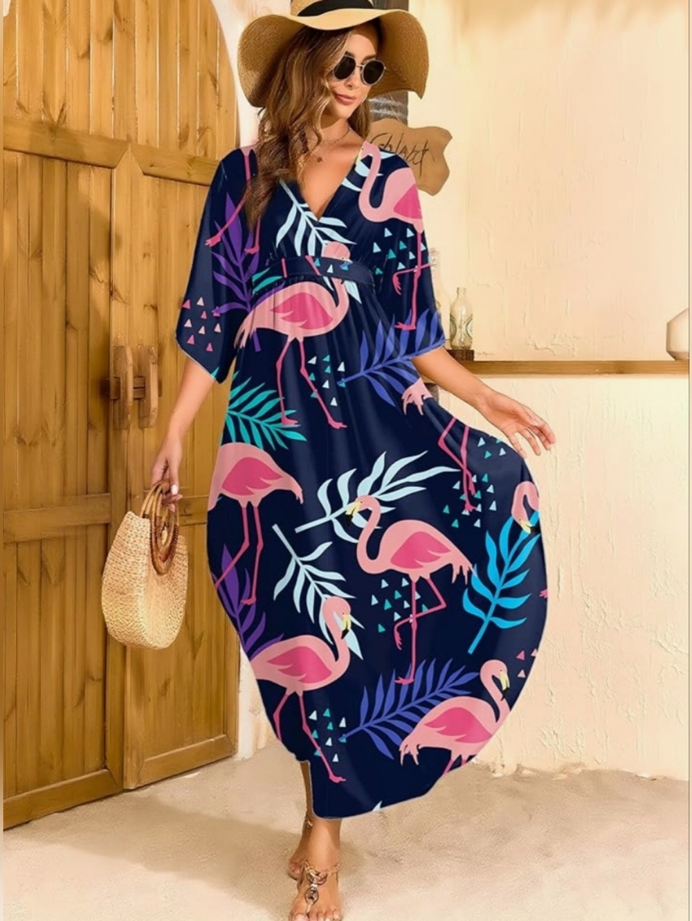 Flamingo Tropical Kaftan Maxi Boho Resort Lounge Coverup Beach House Dress 0-2x